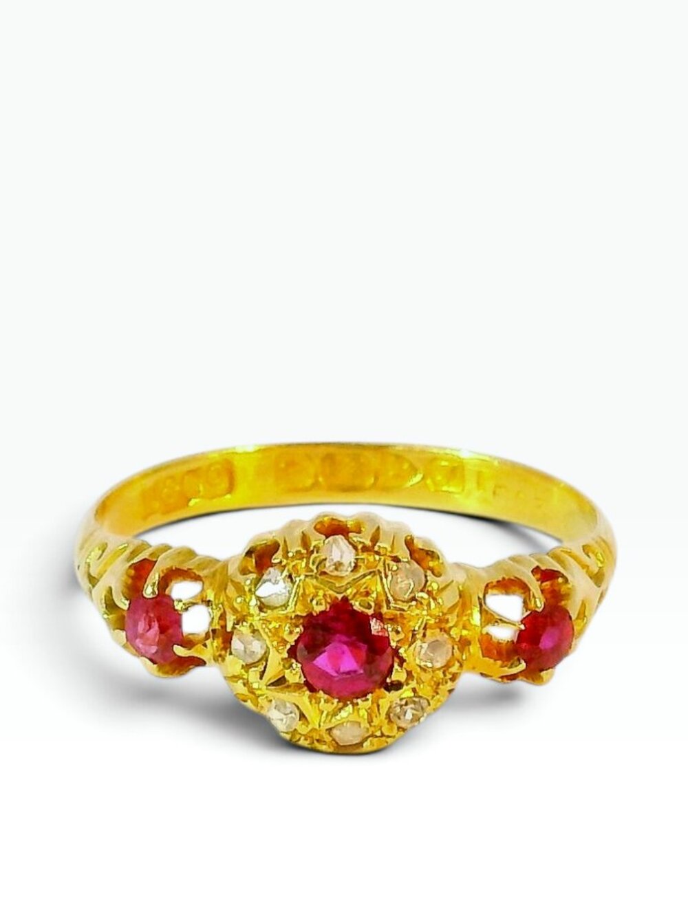 Antique Ruby Ring, 7 Diamonds, 18K Gold, Victorian Era, Size 7, WOW Color!